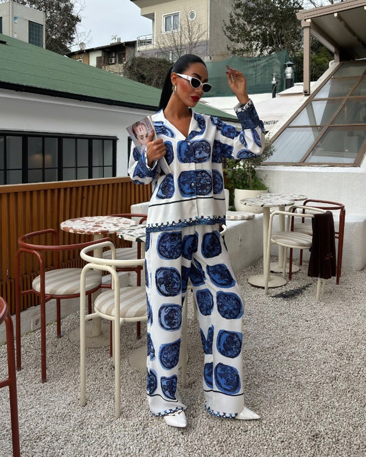White and Blue Satin Set