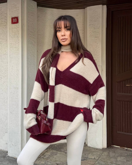 Burgundy Striped Sweater with Scarf