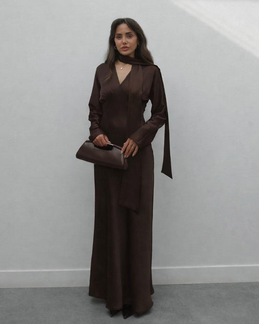 Brown Satin Dress with Scarf