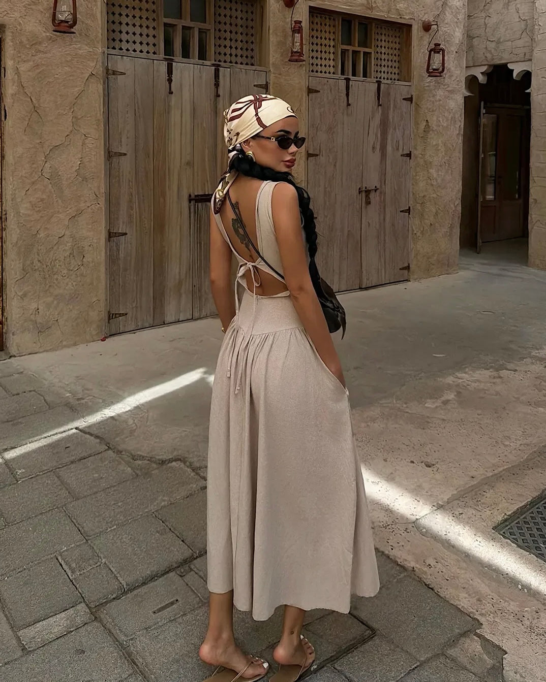 Beige Square Neck Dress