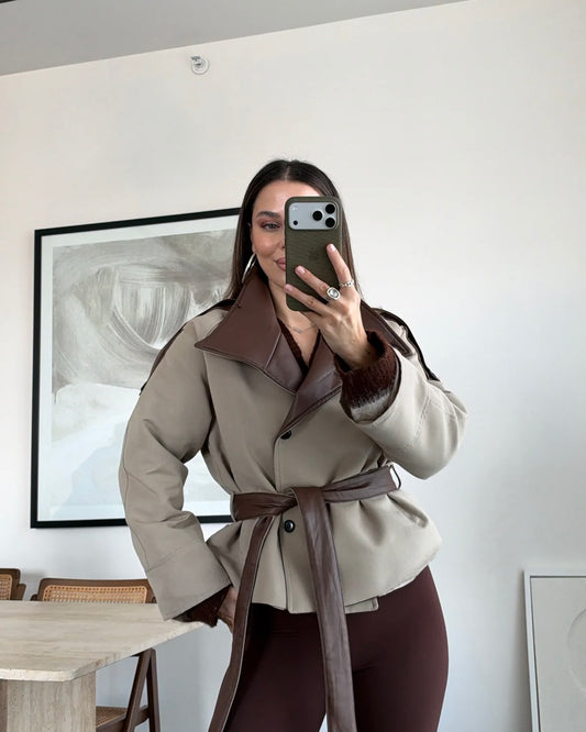 Beige Jacket with Leather Detail