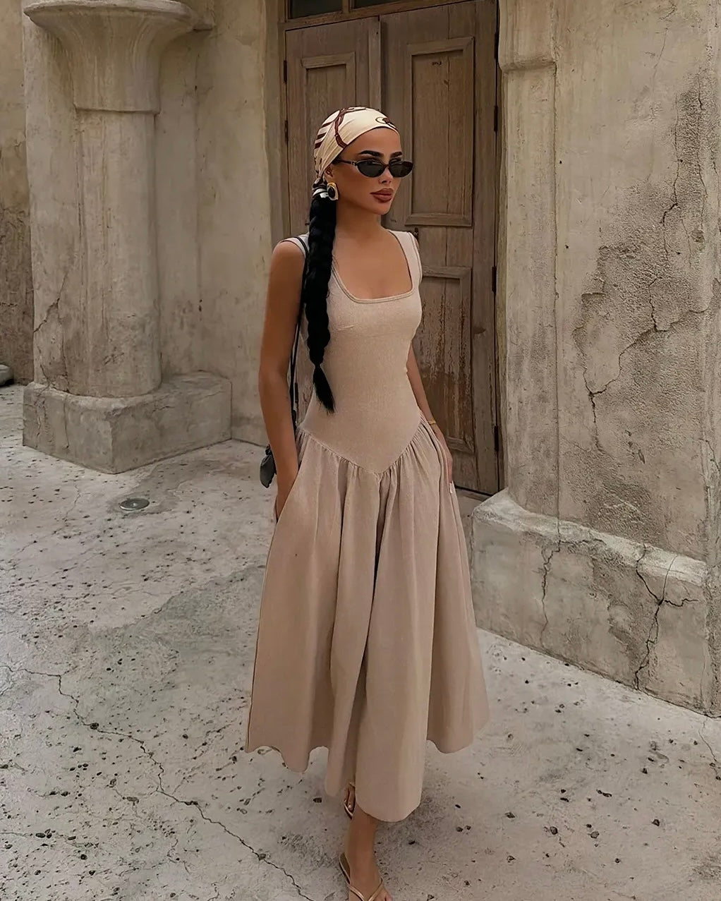 Beige Square Neck Dress
