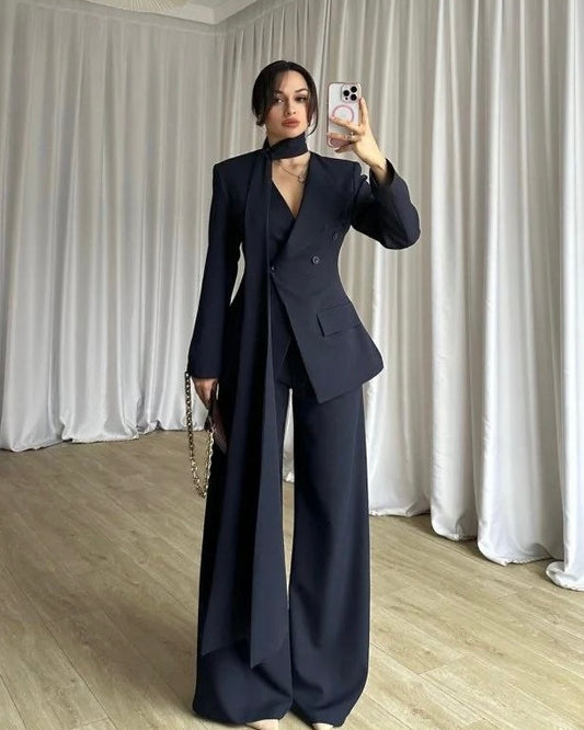 Navy Chic Suit with Scarf