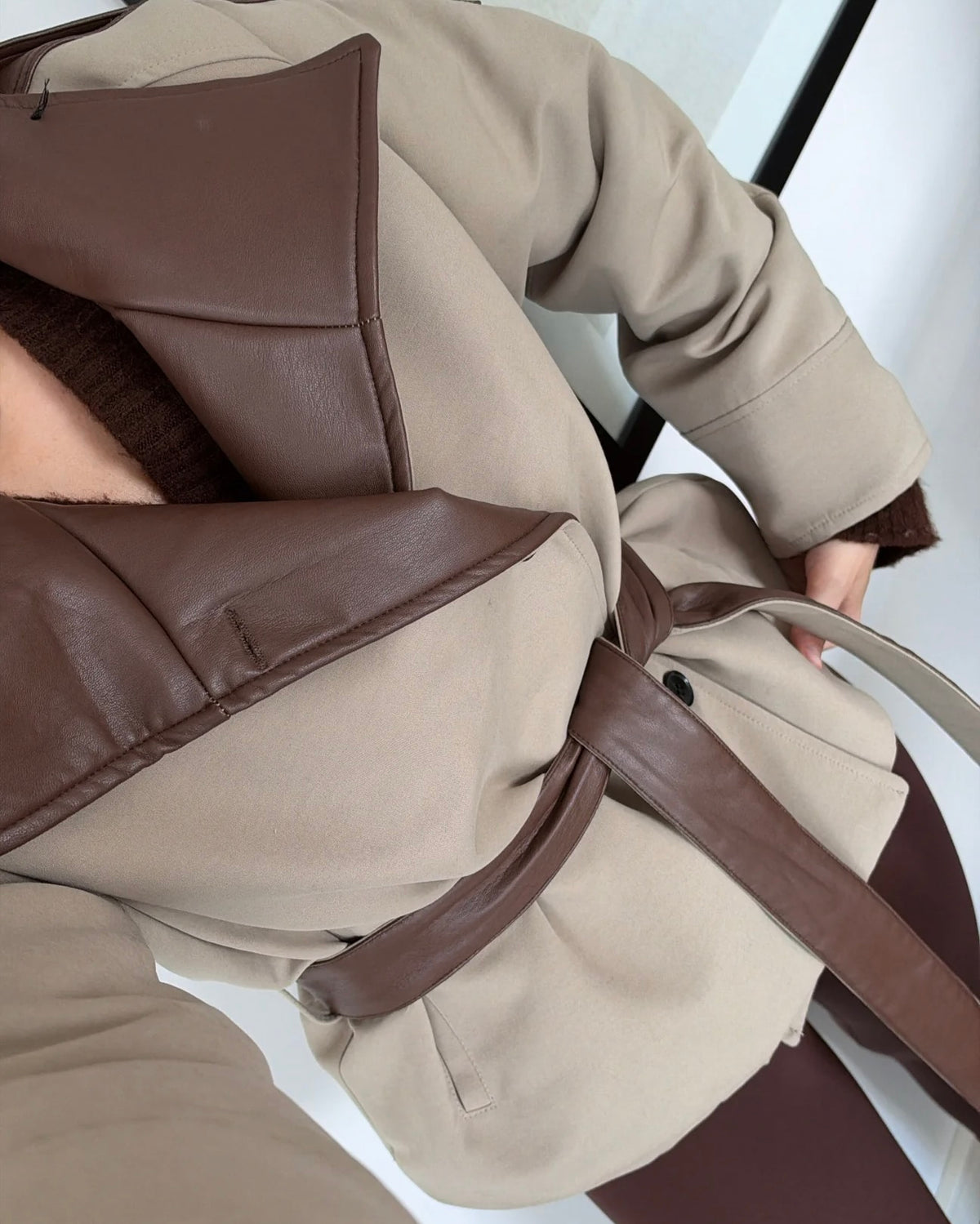 Beige Jacket with Leather Detail