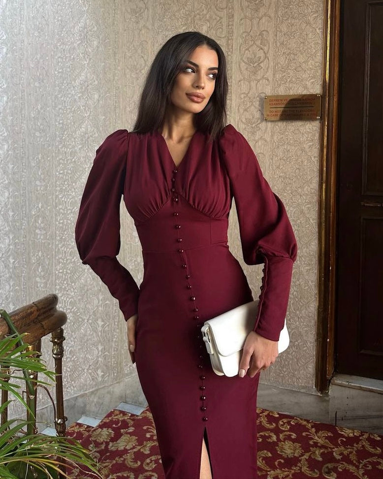 Burgundy Buttoned Dress