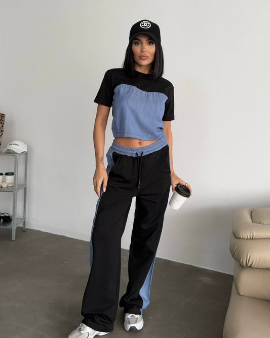 Black & Denim Half Sleeve Set