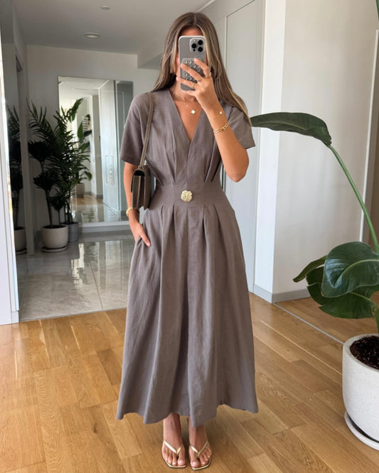 Greige Dress with Gold Detail