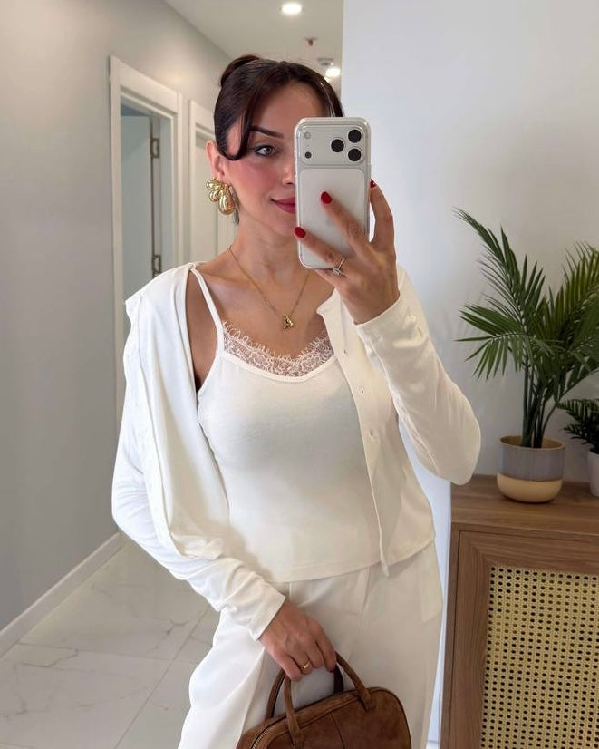 Off White Lace Top with Cardigan