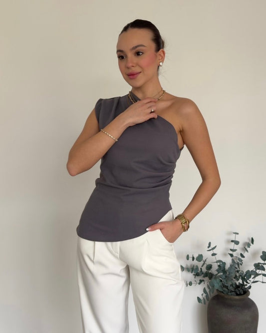 Grey One Shoulder Top
