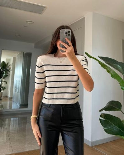 Beige Striped Half Sleeve