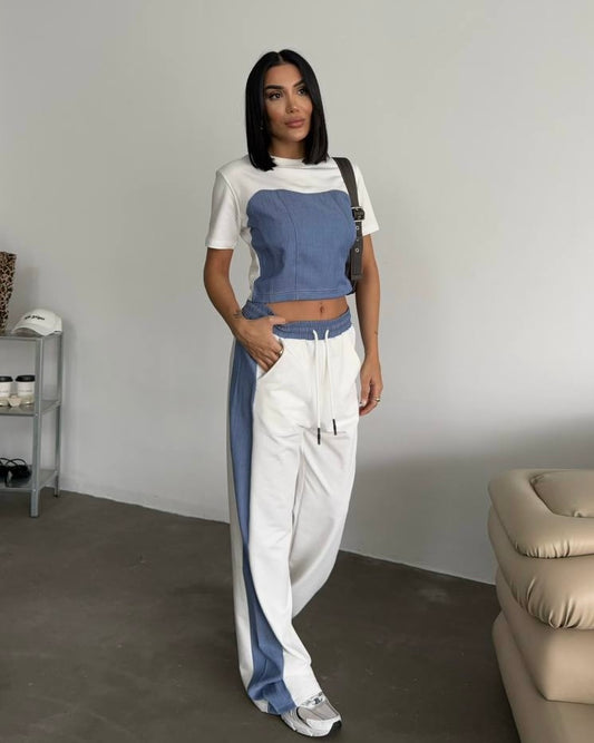 White & Denim Half Sleeve Set
