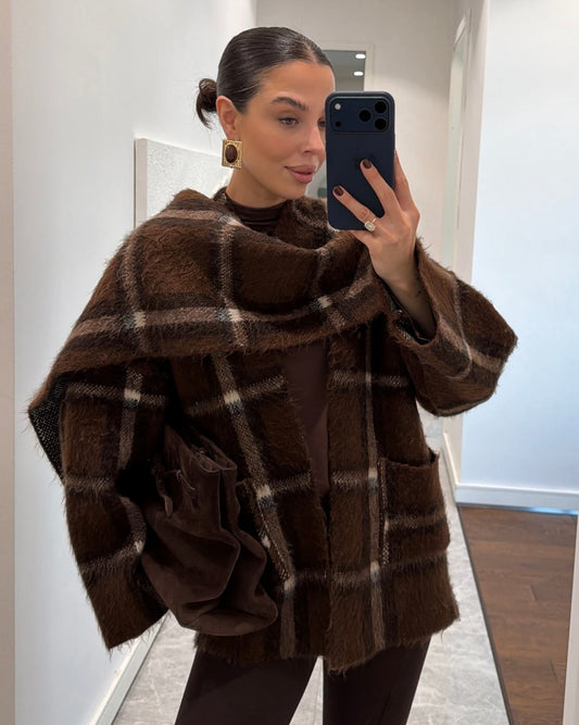 Brown Checkered Jacket with Scarf