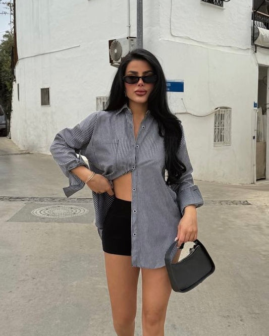Dark Grey Striped Buttoned Shirt