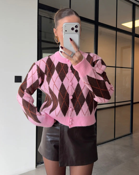 Pink Checkered Cardigan