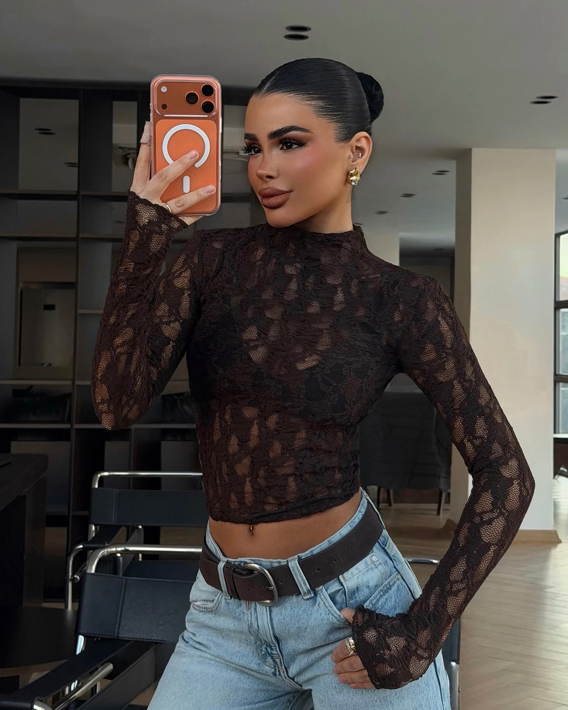 Brown Lace Transparent Blouse