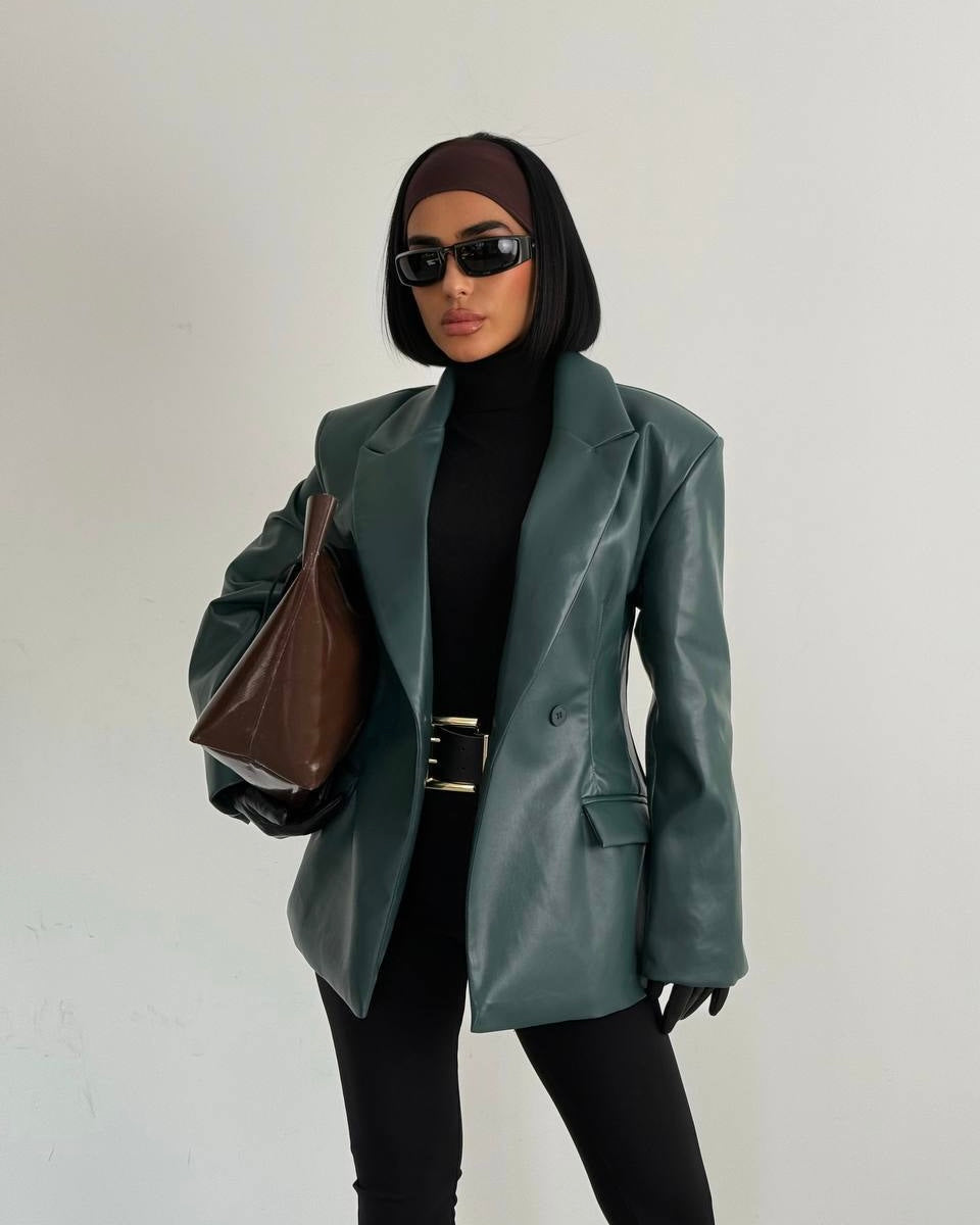 Dark Green Leather Blazer