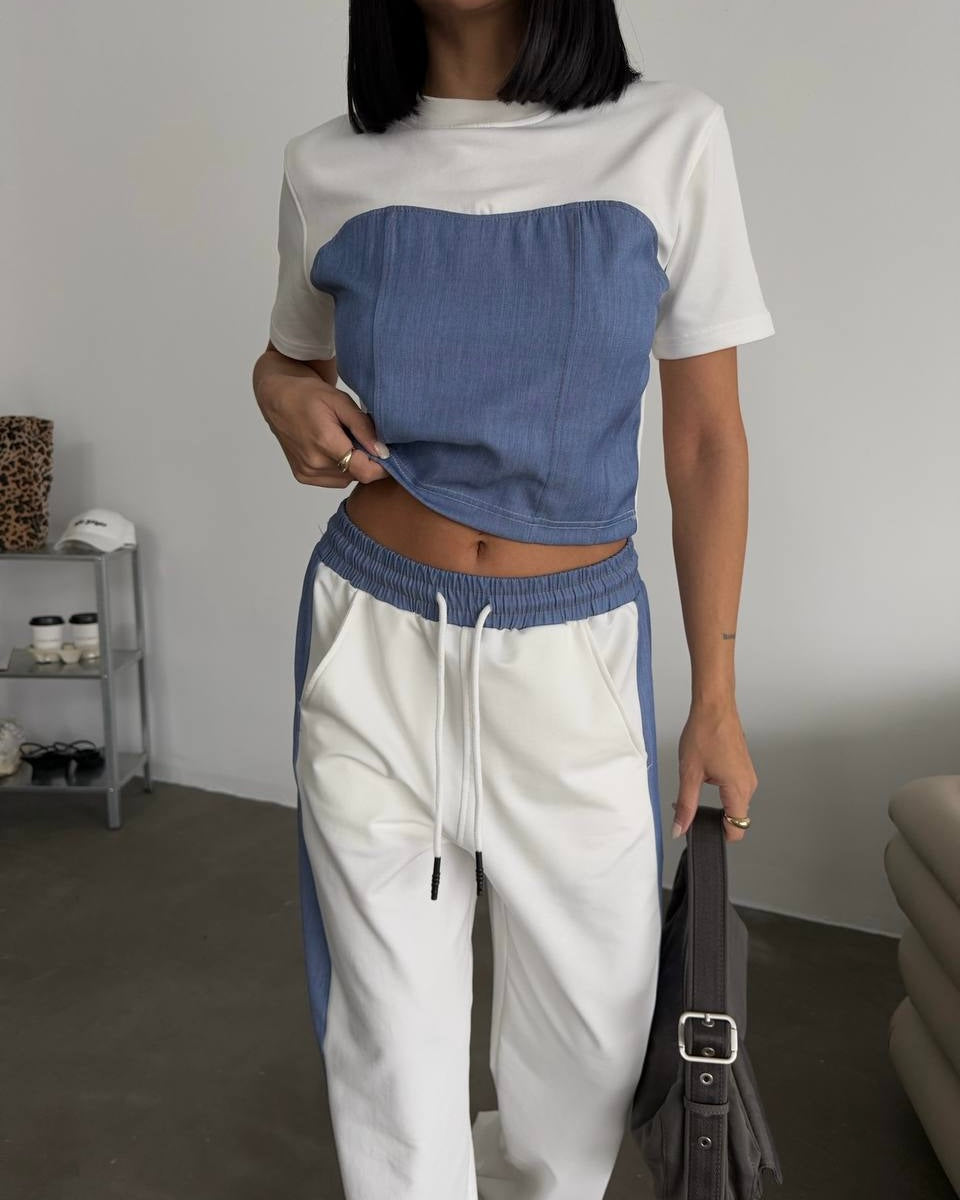 White & Denim Half Sleeve Set