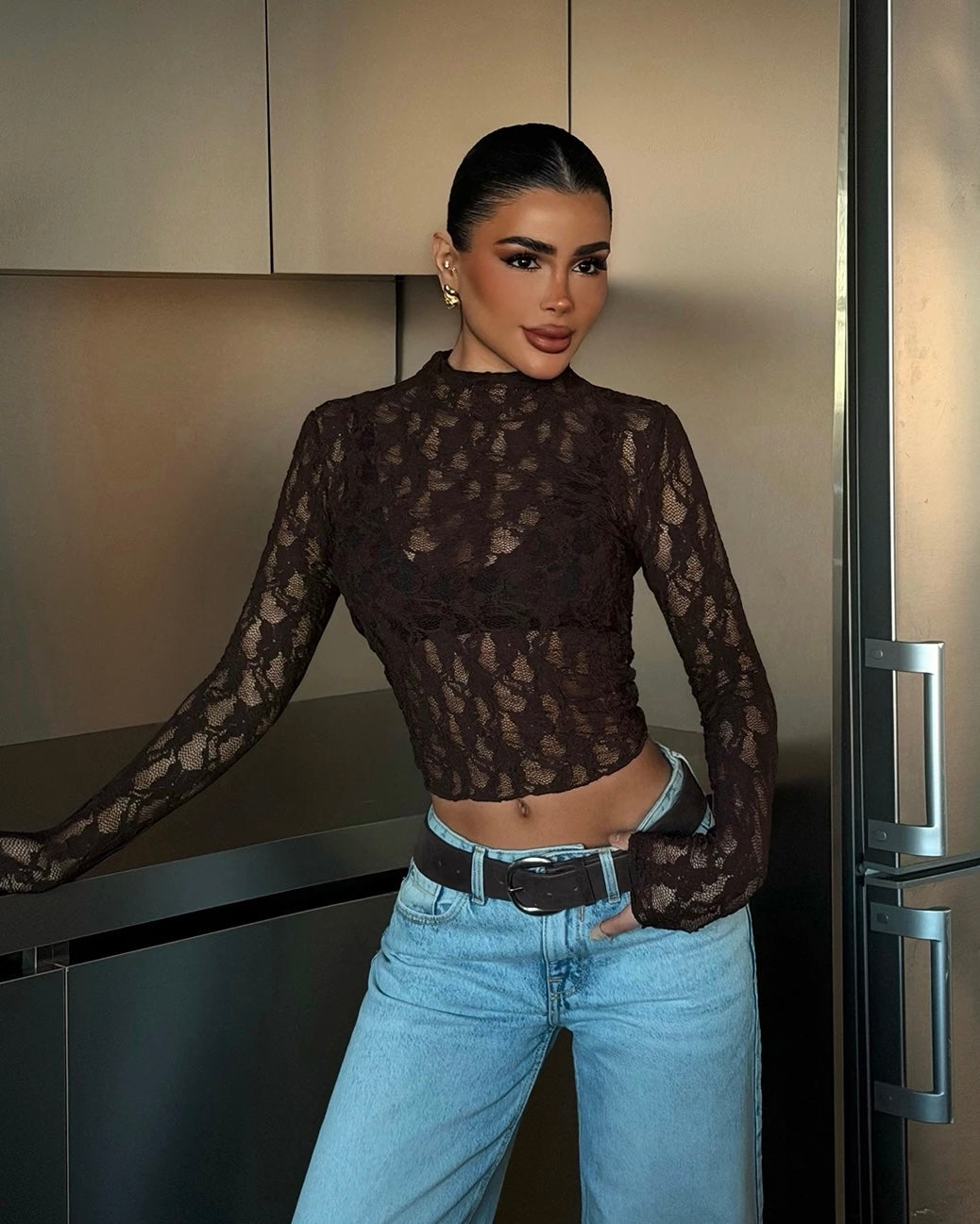 Brown Lace Transparent Blouse