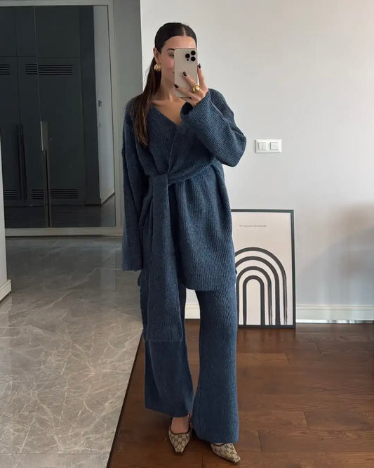 Dusty Blue Knitted Tied Set