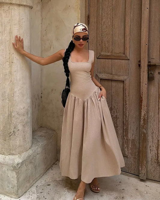 Beige Square Neck Dress