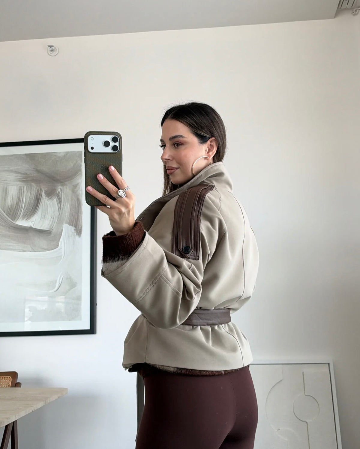 Beige Jacket with Leather Detail